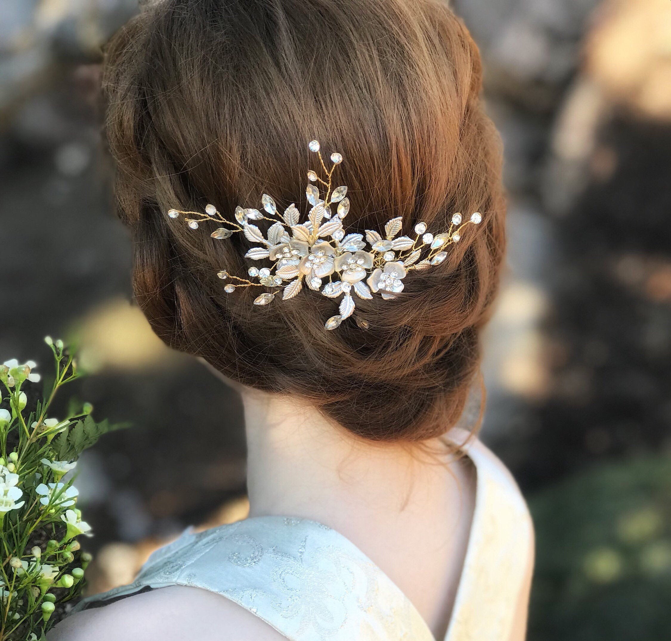 Wedding Bridal Rose Flower Leaf Rhinestone Crystal Vintage Style Hair Comb