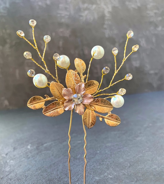 Gold Flower Hair Clips Luxury bridal 8pcs New Rose Gold Flower and Gold Leaf Bridal Hair Clip | Symila main image 3