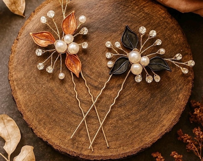 Rustic Fall Bridal Hair Pins – Custom Leaf Pearl Hairpiece for October Weddings