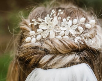 Silver Or Rose Gold Hair Comb With Beautiful Pearl And Rhinestone Flowers, Wedding Hair Accessory