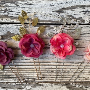 Mauve And Rose Colored Flower Hair Pins, Silver Or Gold Leaves, Beach Wedding Hair Accessory, Perfect For Brides Maids Or Flower Girl