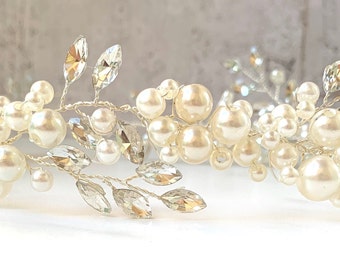 Bridal Hair Vine With Marquise Rhinestone Soft Off White Pearls, Silver Wedding Hair Accessory