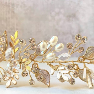 Hair Vine, Bridal Antique Gold Leaf Hair Vine, Wedding Hair Accessory, Bridal Wreath With Clear Crystal Rhinestones, Hair Crown image 6