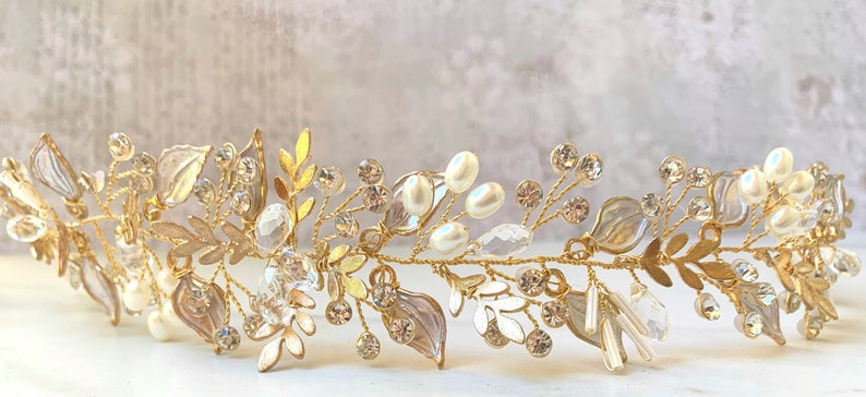 Hair Vine, Bridal Antique Gold Leaf Hair Vine, Wedding Hair Accessory, Bridal Wreath With Clear Crystal Rhinestones, Hair Crown image 6