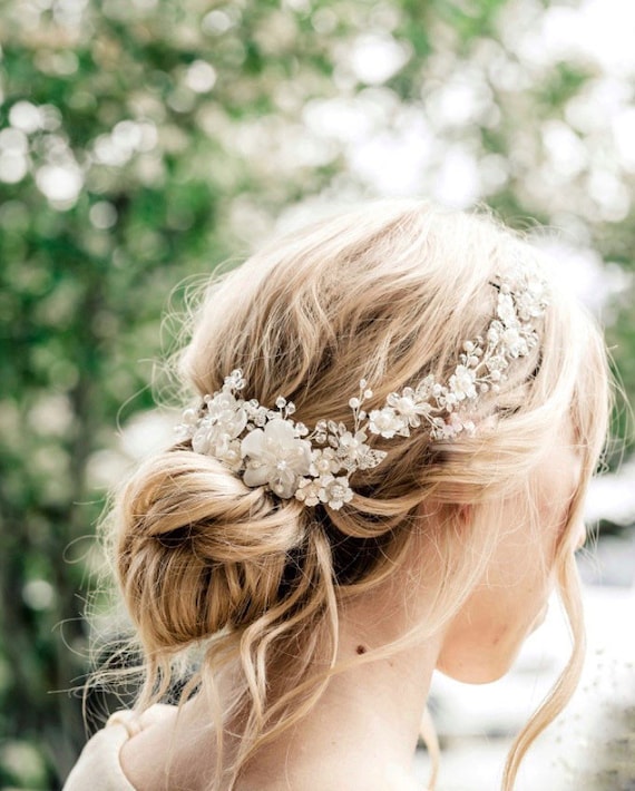 Elegant Silver and White Floral Headband White Flower Hair Tiara, Floral Pearls Wedding Headband  main image 4