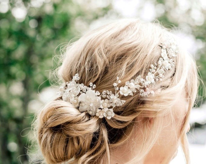 Elegant Bridal Hair Jewelry With White And Silver Flowers, Best Selling Wedding Hair Accessory