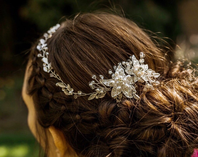 Hair Accessory With Rhinestone Flowers And Leaves & Pearl Accents, Asymmetrical Wedding Hair Piece