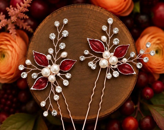 Burgundy Leaf Hair Pins – Personalized Wedding Hair Accessories, Custom Wine Colors