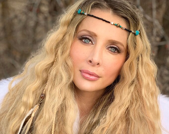 Turquoise  And Black Beaded Hair Chain Jewelry,  Boho Hair Accessory