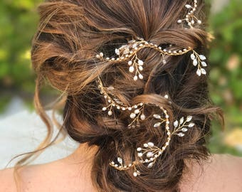 Rhinestone Hair Vine With Accent Crystals And Soft White Pearls, Gold Metal Base