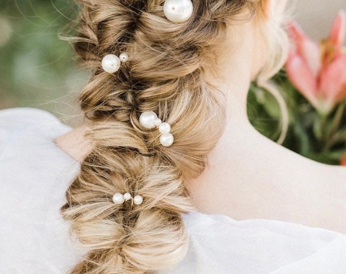 White Pearl Hair Pins, Set Of 5 With Mixed Sizes