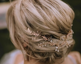 Gold Or Silver Hairpiece With Pearl And Gold Leaves, Rhinestone And Crystal Accents, Gold And Silver Base Metal options