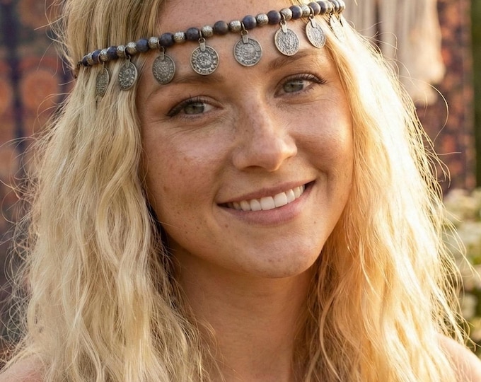 Silver Coin Hair Chain, Hair Jewelry With Grey Beads And Coins