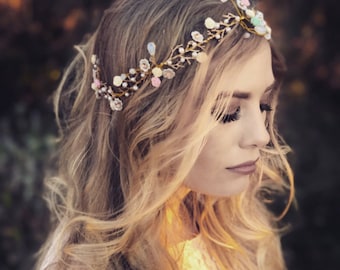 Whimsical Bridal Hair Vine, Wedding Hair Accessory, Bridal Hair Wreath, Gold Hair Crown, Pastel Flowers