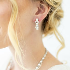Vintage Pearl Earring With Rhinestone Leaf Design Silver Finish, Matching Necklace Available
