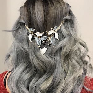 Hair Chain Jewelry With A  Black Gunmetal And Silver Leaf Design, Unique Hair Accessory