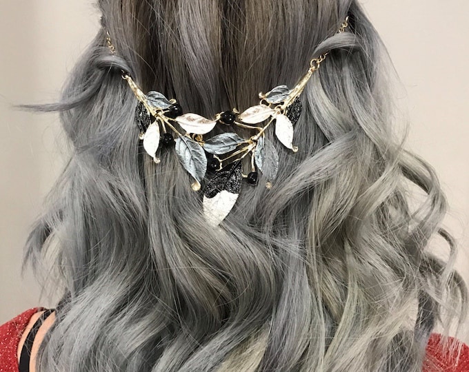 Hair Chain Jewelry With A  Black Gunmetal And Silver Leaf Design, Unique Hair Accessory