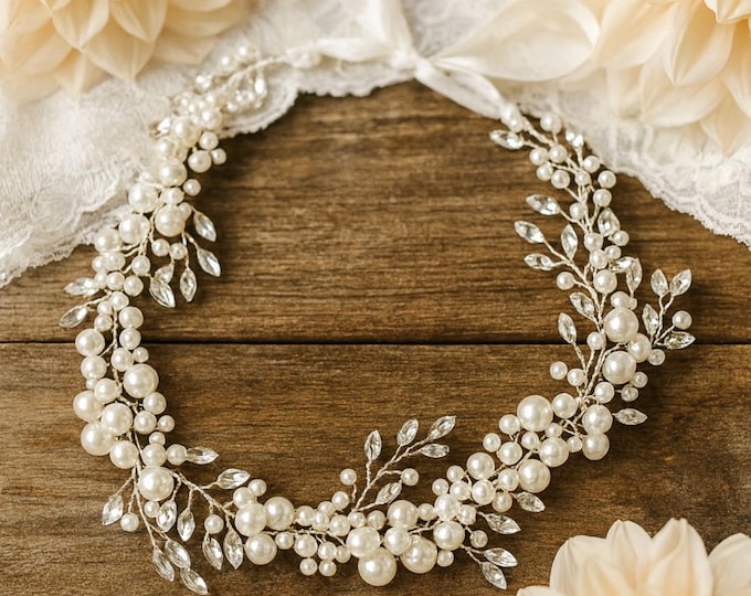Long Pearl Hair Vine with Marquise Rhinestones – Bridal Headpiece, Wedding Hair Accessory, Elegant  Hair Accessory for Brides