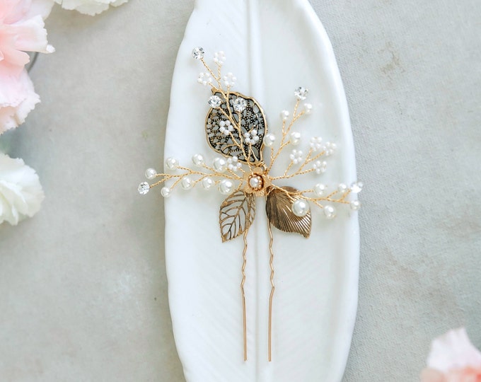 Antique Gold Leaf Hair Pin, Side Clip, Wedding Hair Piece, Multiple Colors
