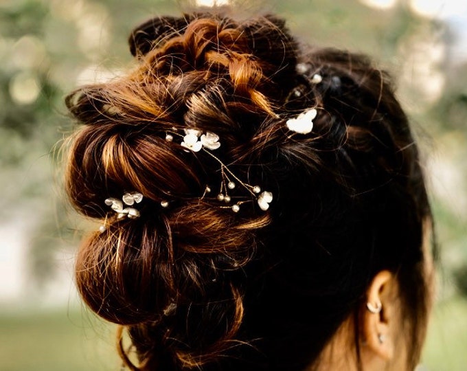 Extra Long Gold Hair Vine With Delicate Flowers And Pearl Baby's Breath Accents, Boho Wedding Hair Accessory