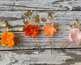 Autumn Colors Peach And Burnt Orange Flower Hair Pin With Silver Or Gold Leaves