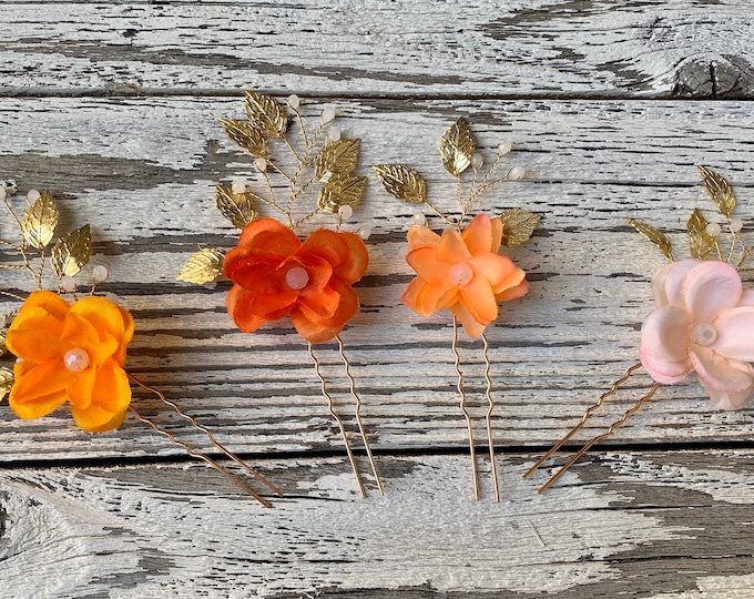 Autumn Colors Peach And Burnt Orange Flower Hair Pin With Silver Or Gold Leaves
