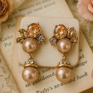 Rose Gold And Champagne Colored Pearl Earring With Rhinestones