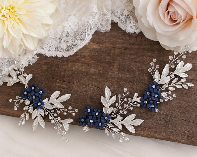 Navy Blue Hair Accessory With Custom Colored Metal Flowers And Leaves, Perfect For A Timeless Bride
