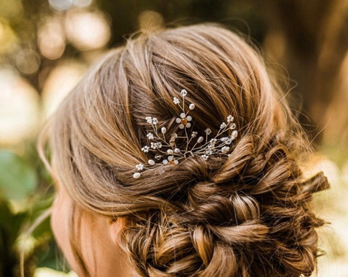 Silver Hair Pin With Pearl Baby's Breath And Delicate Accent Flowers With a Hint Of Rose Gold In The Center Rhinestone