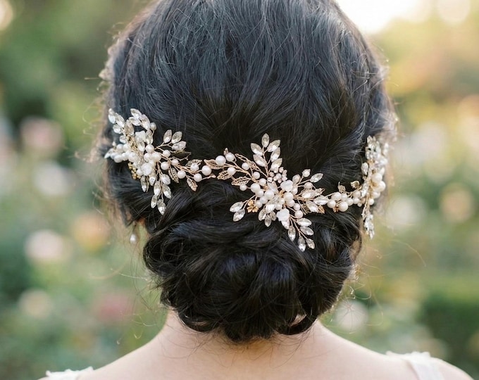 Leaf Headpiece With Rhinestone Floral & Leaf Accents, Wear Front or Back, Gold Silver Rose Gold Bridal Accessory