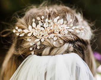 Gold Wedding Hair Comb And Hair Pin with beautiful Flowers, leaves and rhinestone accents, Also Comes In Silver And Rose Gold