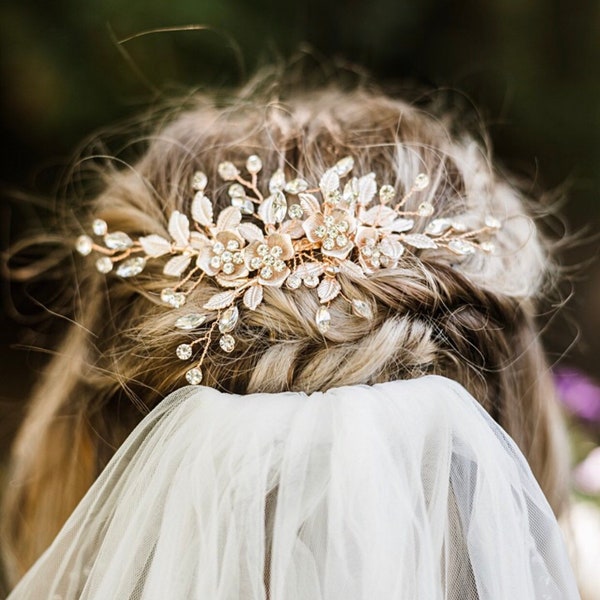 Gold Wedding Hair Comb And Hair Pin with beautiful Flowers, leaves and rhinestone accents, Also Comes In Silver And Rose Gold