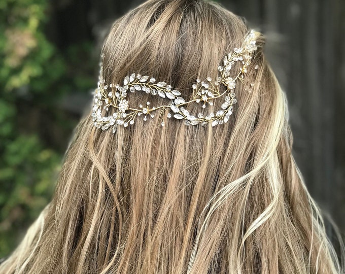 Marquise Rhinestone Bridal Headpiece, This Gold Crystal Hair Vine Is For The Bride That Wants To Make A statement
