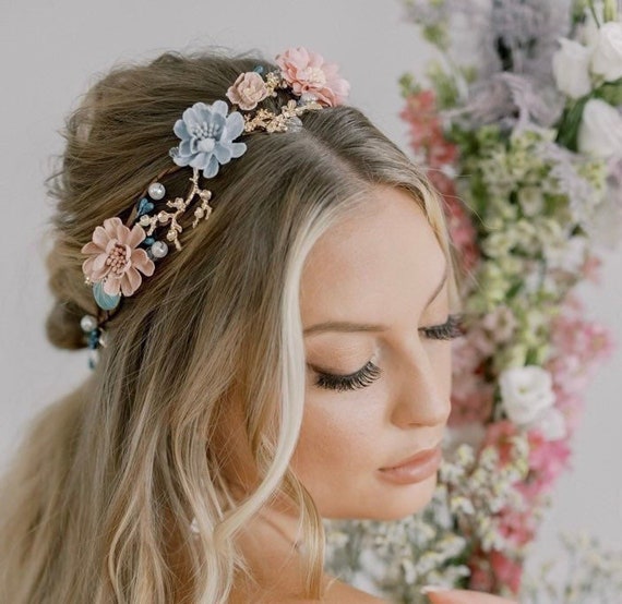 Pink and Turquoise Flower Hair Crown, Boho Wedding Hair 