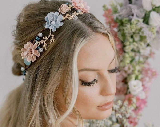 Pink And Turquoise Flower Hair Crown, Boho Wedding Hair Accessory