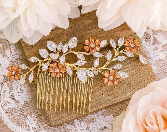 Marquise Crystal Hair Comb With Custom Colored Flowers To Match Your Wedding Pallet