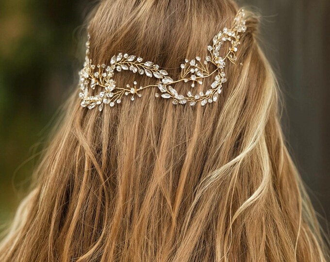 Marquise Rhinestone Bridal Headpiece, This Gold Crystal Hair Vine Is For The Bride That Wants To Make A statement