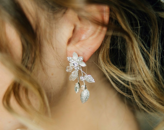 Silver Flower Earrings With Leaves And Rhinestones, Wedding Earrings, Multiple colors