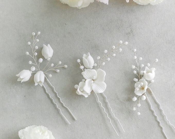 White Flower Hair Pins 3 Piece Set, Porcelain Floral Hair Accessory, Wedding Hair Pins