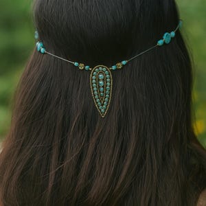 Turquoise Teardrop Hair Chain, Aztec Gold Boho Headpiece