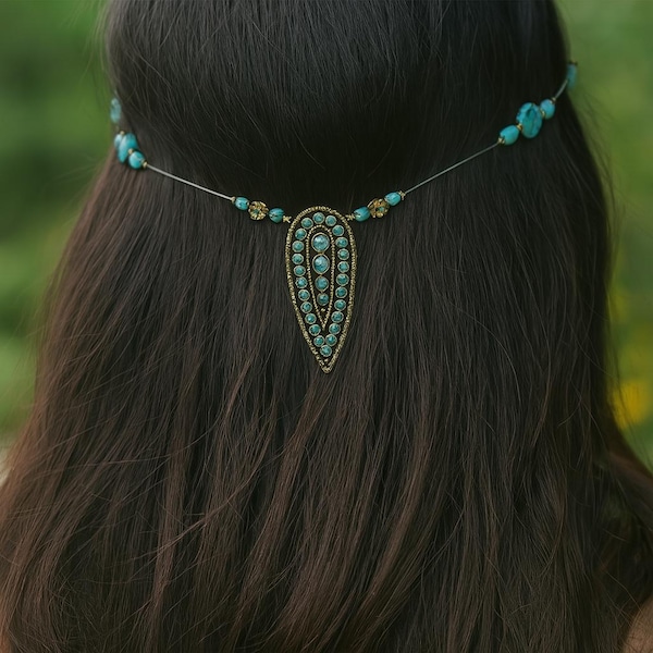Turquoise Teardrop Hair Chain, Aztec Gold Boho Headpiece