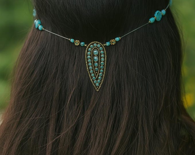 Turquoise Hair Chain, Boho Head Jewelry Accessory With Turquoise Beads, Boho Hippie Hair Accessory, Renaissance Festival