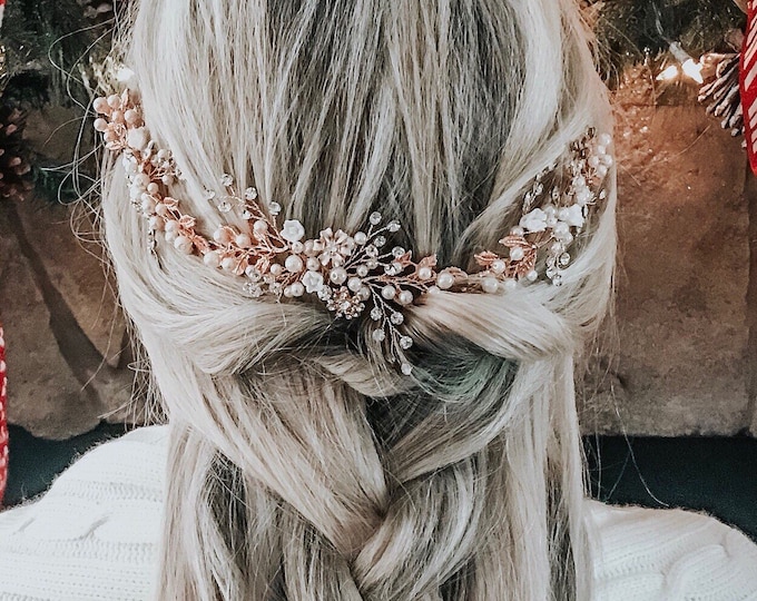 Hair accessory In Rose Gold, Bridal Hair Vine, Antique Gold Hair Piece, Rhinestone Hair Crown, Silver Wedding Hair Accessory