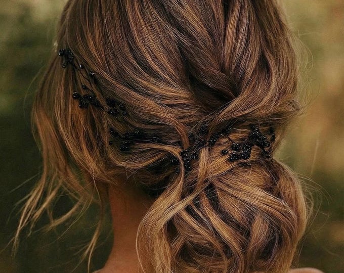 Black Beaded Baby’s Breath Hair Vine – Bridal Hair Accessory for Black Weddings