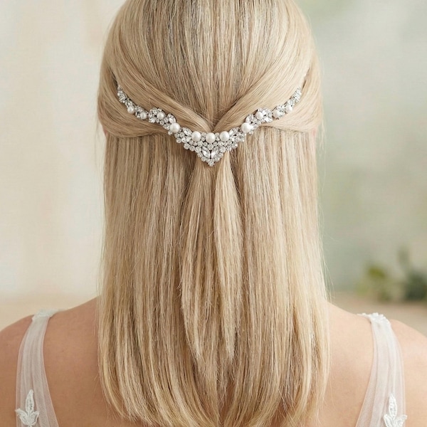 Clip-In Pearl & Rhinestone Bridal Hair Chain, Silver Wedding Hair Jewelry