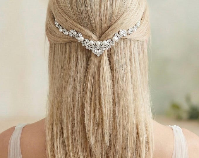 Clip-In Pearl & Rhinestone Bridal Hair Chain, Silver Wedding Hair Jewelry