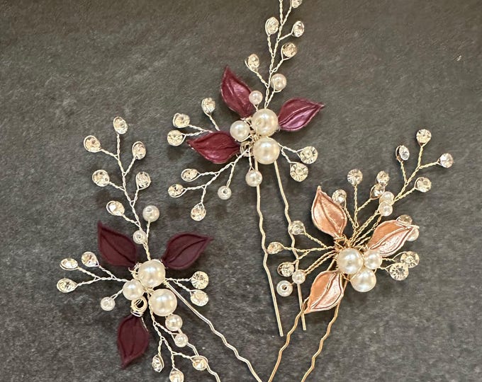 Burgundy Leaf Hair Pins – Personalized Wedding Hair Accessories, Custom Wine Colors
