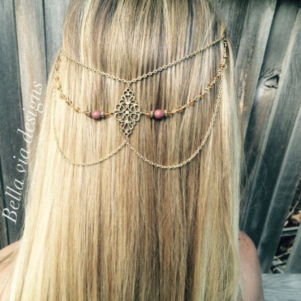 Cascading Antique Gold And Brown Hair Chain, Clips Into Hair For A Secure Fit, Hippy Hair Accessory