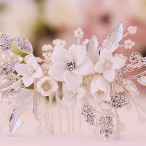 Flower Hair Comb Hand-crafted with beautiful White Flowers, Rhinestone Leaves And Pearl Baby&#39;s Breath Accents