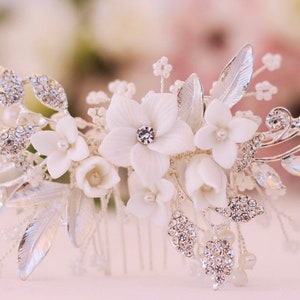 Bridal Hair Comb Hand-crafted with beautiful Off White Flowers, Rhinestone Leaves And Pearl Baby's Breath Accents image 10